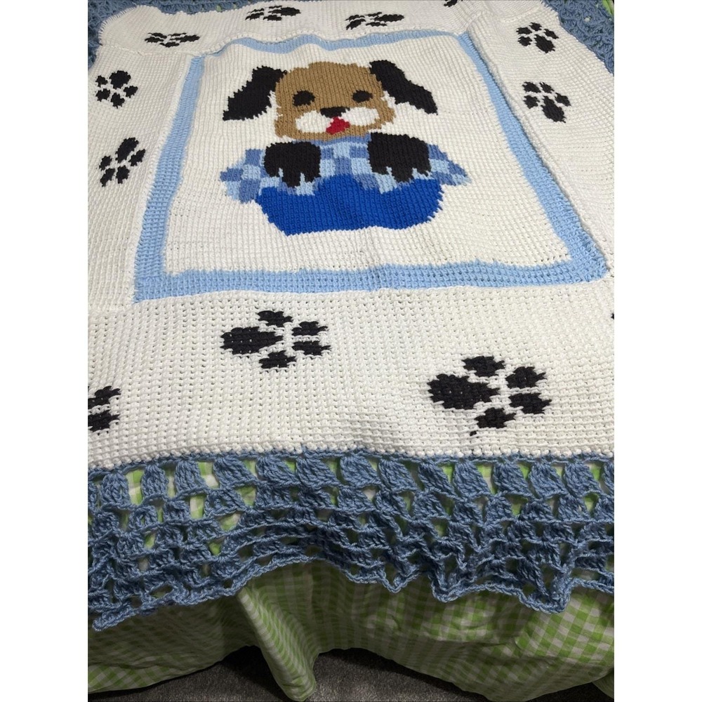 Crochet Blue White Brown Baby Blanket Afghan Handmade Puppy Dog 50x60" - Picture 6 of 10